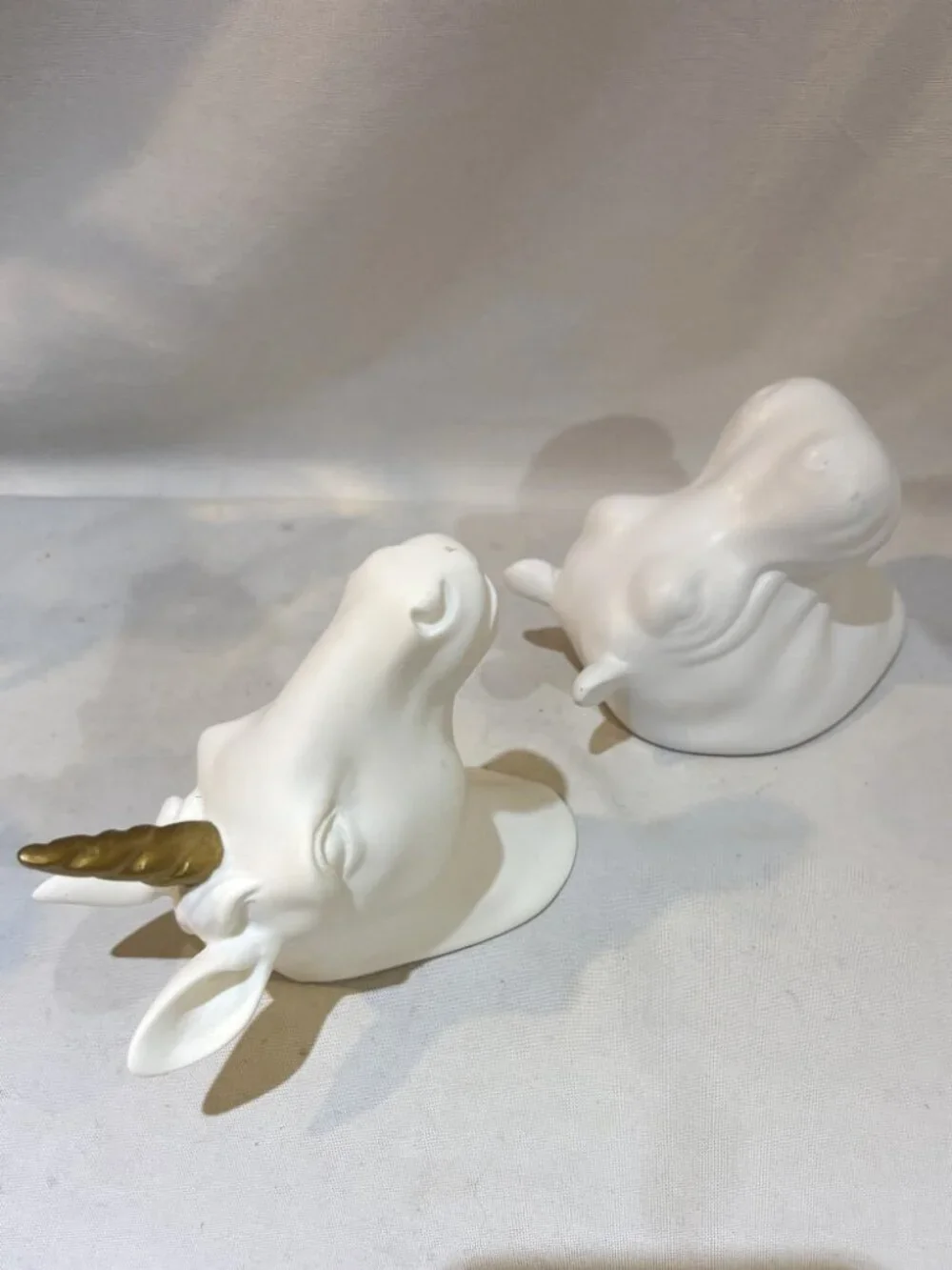 Set of 2 White Porcelain Wall Mount Hooks Unicorn and Hippo